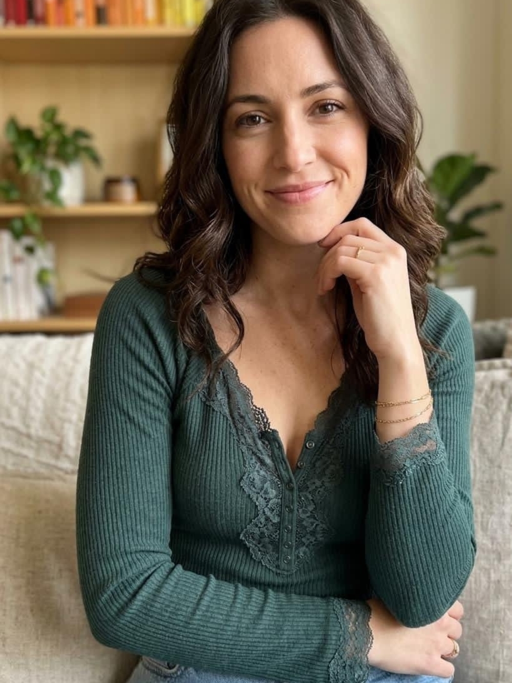 Free People Ribbed Lace-Trim Henley in Forest Green • Size M